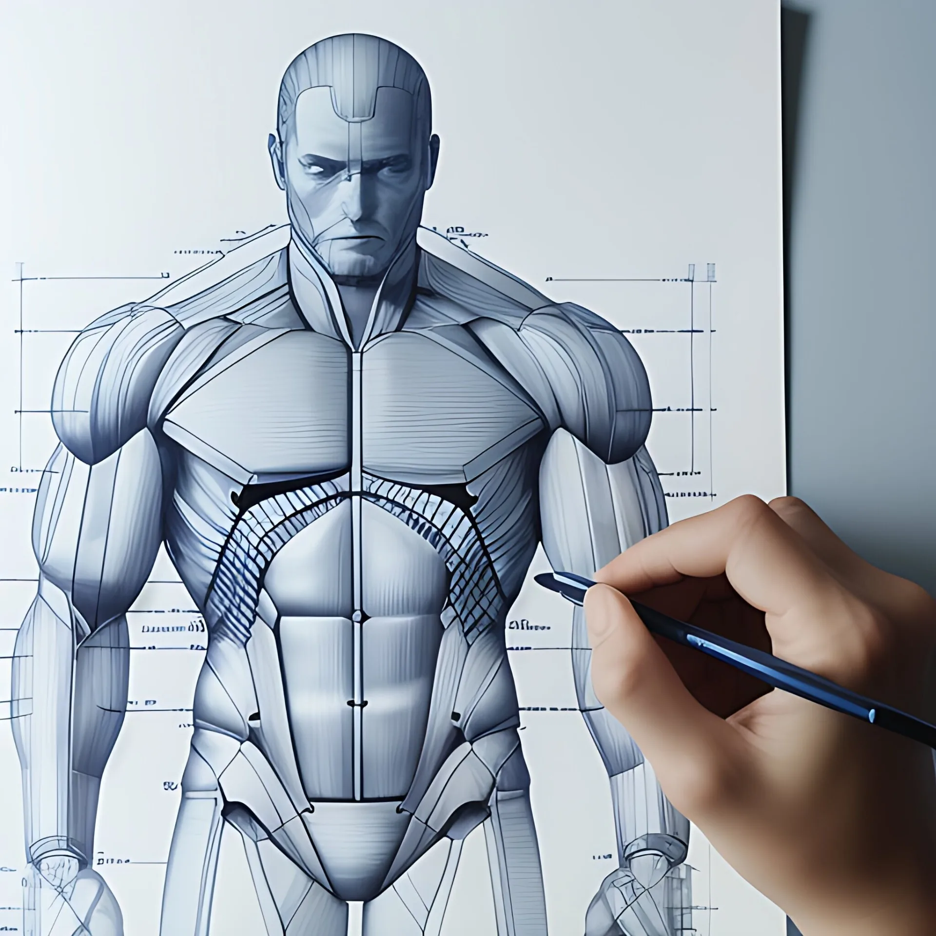 Hand-drawn architectural blueprint of a muscular male figure with technical annotations, drafted in cyan ink on dark paper