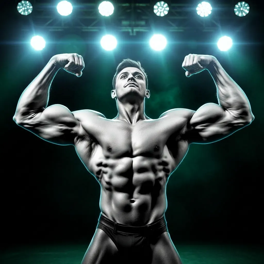Elite competitive athlete catching a heavy Olympic-style clean under a single dramatic spotlight